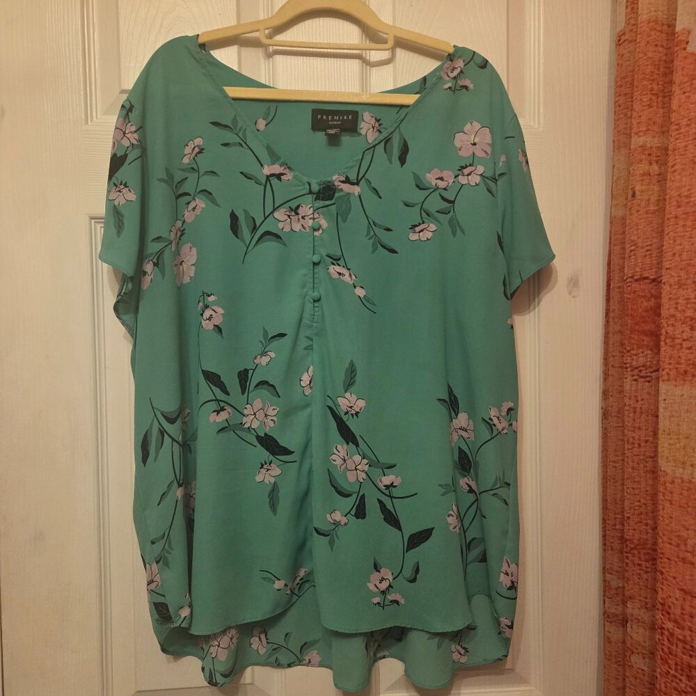 Premise Woman Green Floral Flutter Sleeve Henley Blouse Top Plus Size 2X